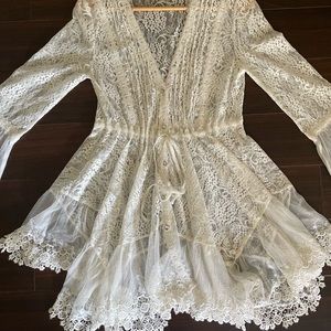 White sheer lace dress with diamond button and tie string waist